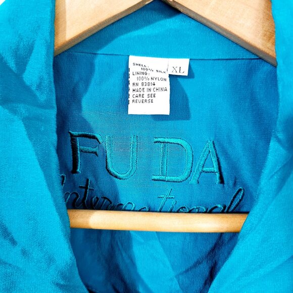 Vintage Fu Da Silk XL Teal Blue Silk Nylon Jacket Zip & Button Pockets ~JA106.13 - Picture 9 of 10